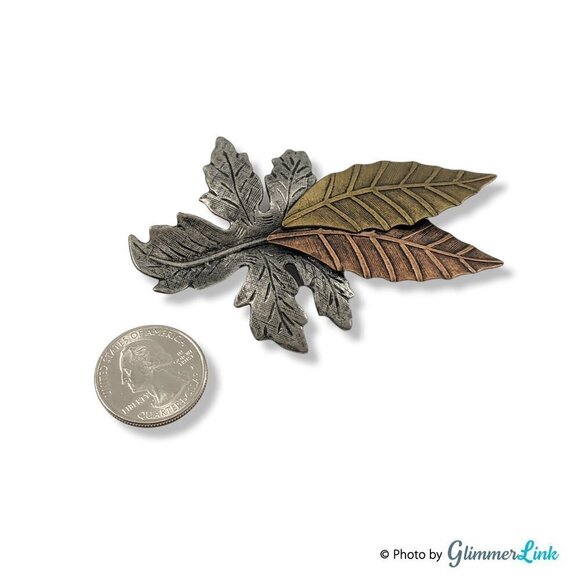 Oversized Mixed Metals Triple Leaf Fall Autumn Brooch - Picture 6 of 7